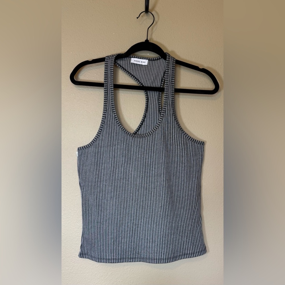 Anine Bing Black and Grey Striped Asymmetrical Kristen Tank Top Large - Picture 2 of 8